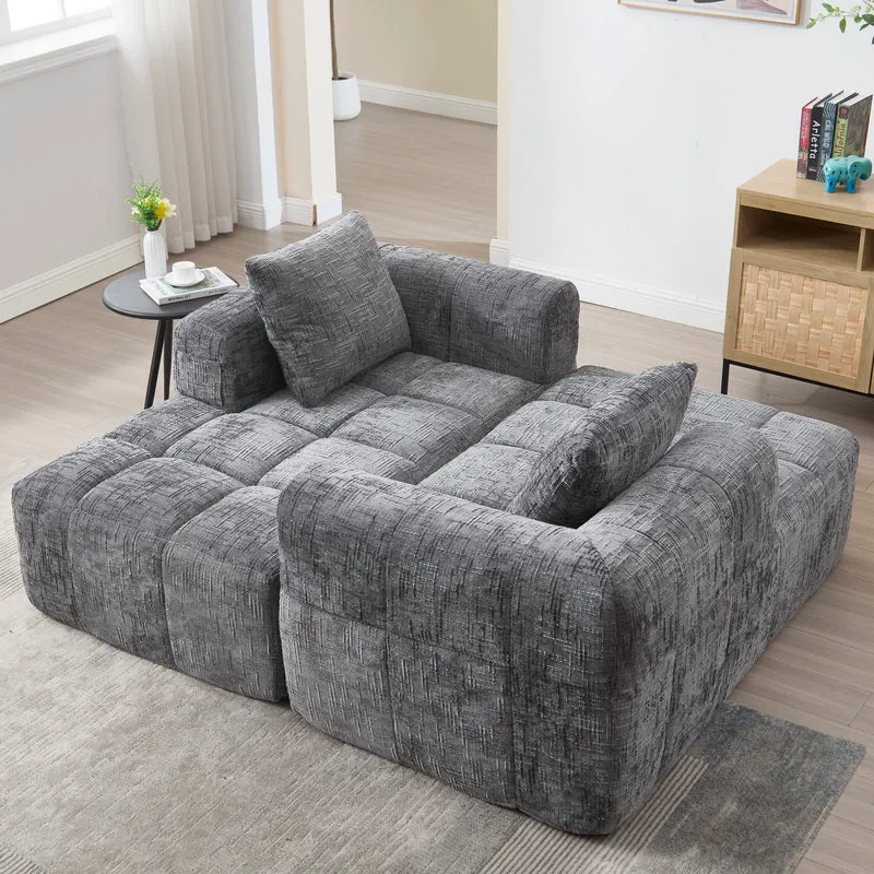 Canapé d'angle 3 places modulable en chenille gris avec méridienne et poches latérales sans montage INFINITEMOMEN