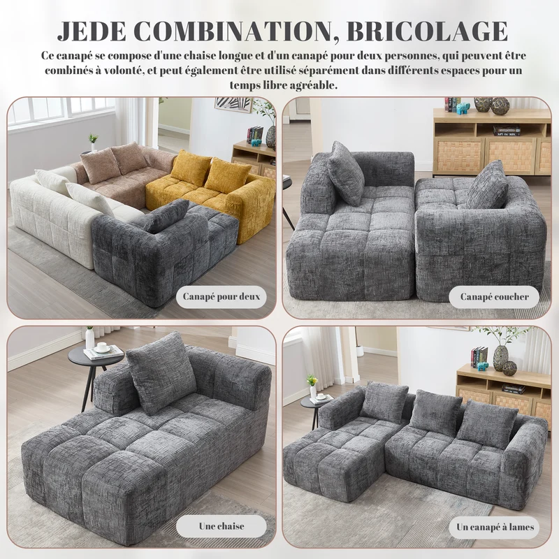 Canapé d'angle 3 places modulable en chenille gris avec méridienne et poches latérales sans montage INFINITEMOMEN