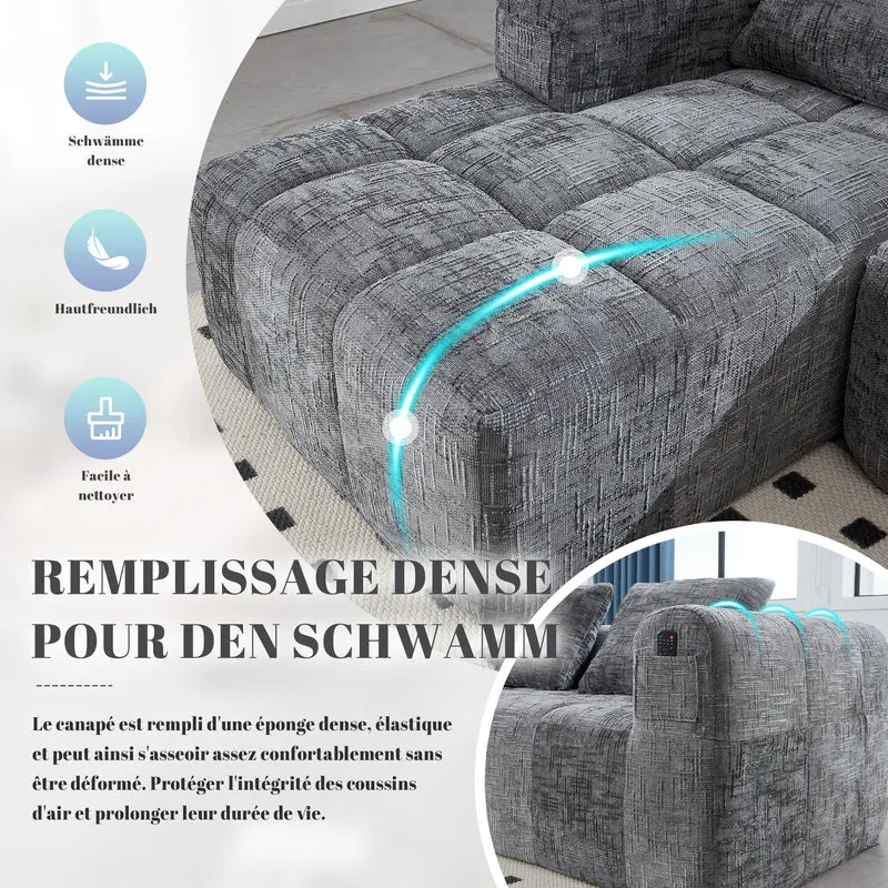Canapé d'angle 3 places modulable en chenille gris avec méridienne et poches latérales sans montage INFINITEMOMEN