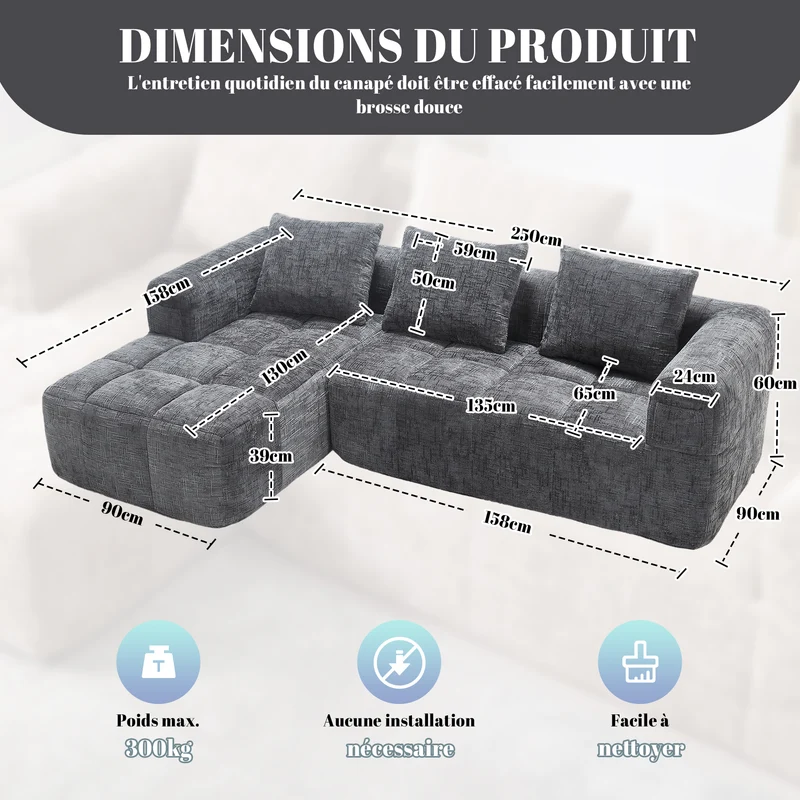 Canapé d'angle 3 places modulable en chenille gris avec méridienne et poches latérales sans montage INFINITEMOMEN