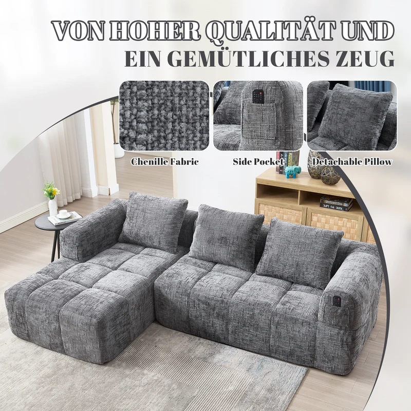 Canapé d'angle 3 places modulable en chenille gris avec méridienne et poches latérales sans montage INFINITEMOMEN