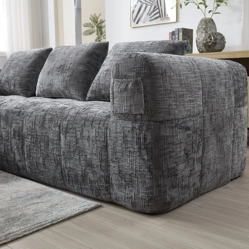 Canapé d'angle 3 places modulable en chenille gris avec méridienne et poches latérales sans montage INFINITEMOMEN