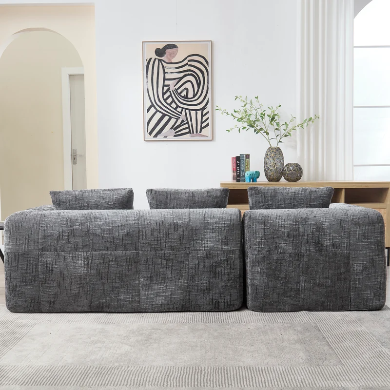 Canapé d'angle 3 places modulable en chenille gris avec méridienne et poches latérales sans montage INFINITEMOMEN