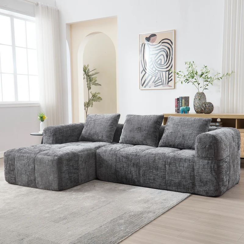 Canapé d'angle 3 places modulable en chenille gris avec méridienne et poches latérales sans montage INFINITEMOMEN