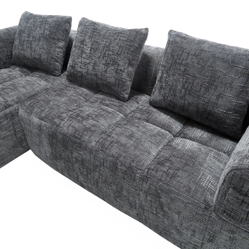 Canapé d'angle 3 places modulable en chenille gris avec méridienne et poches latérales sans montage INFINITEMOMEN