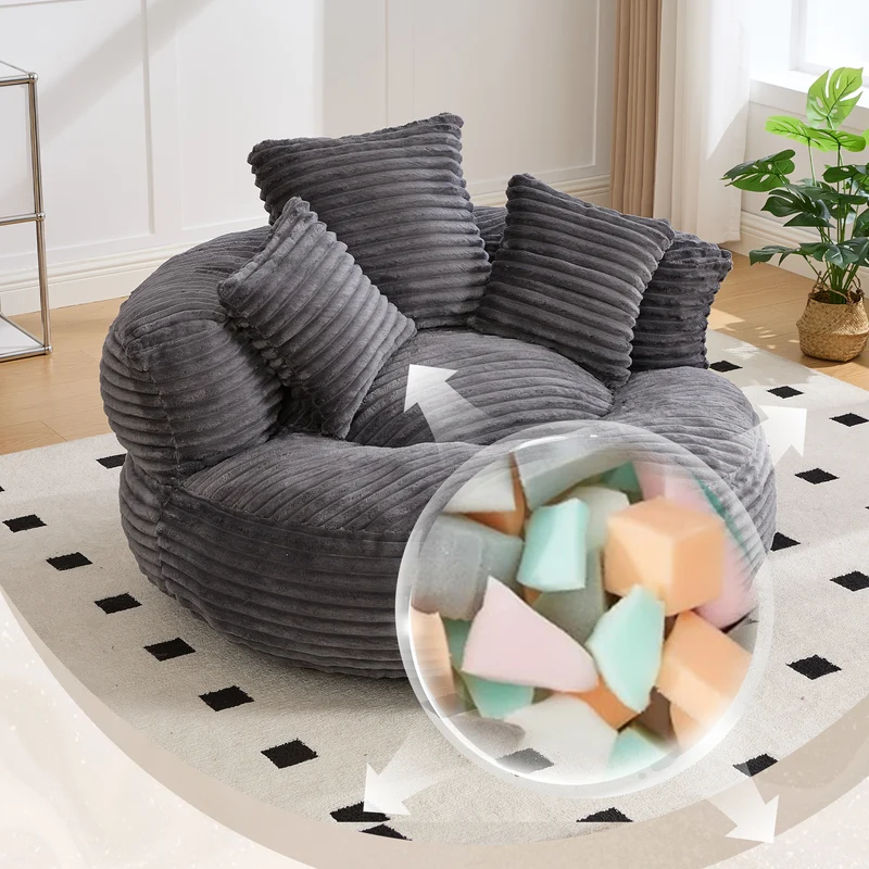 Grand fauteuil rond en velours côtelé gris chaise lounge avec trois coussins FLAREINFIN
