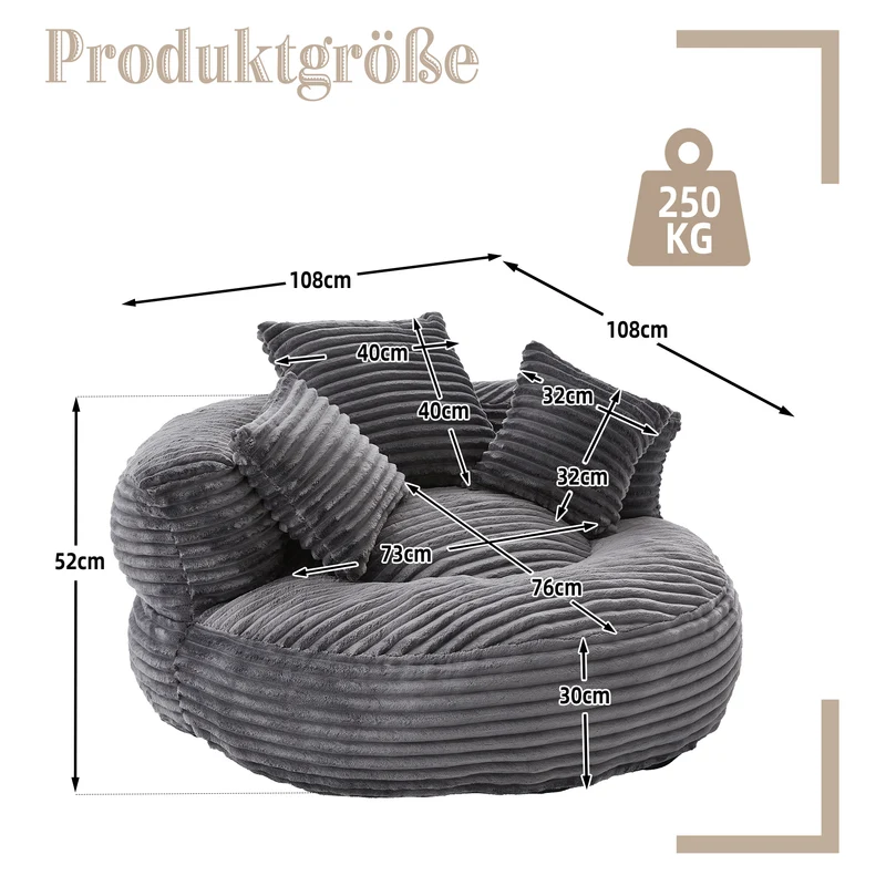 Grand fauteuil rond en velours côtelé gris chaise lounge avec trois coussins FLAREINFIN