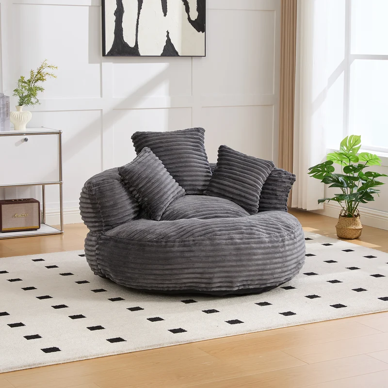 Grand fauteuil rond en velours côtelé gris chaise lounge avec trois coussins FLAREINFIN