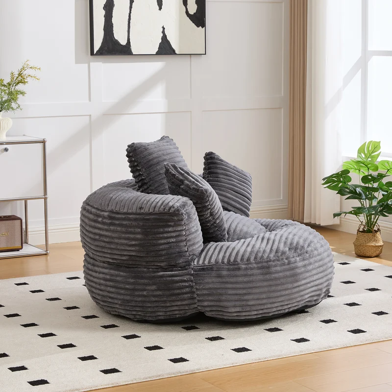 Grand fauteuil rond en velours côtelé gris chaise lounge avec trois coussins FLAREINFIN