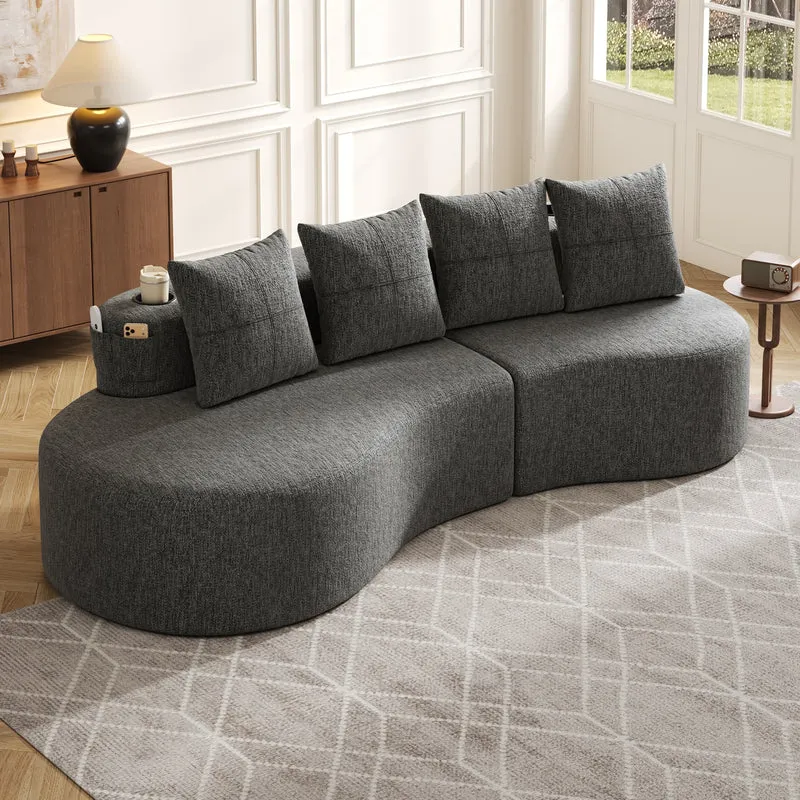 Canapé 3 places en lin gris avec 4 coussins, porte-gobelet, poches latérales sans montage 240x109cm FLAREINFI