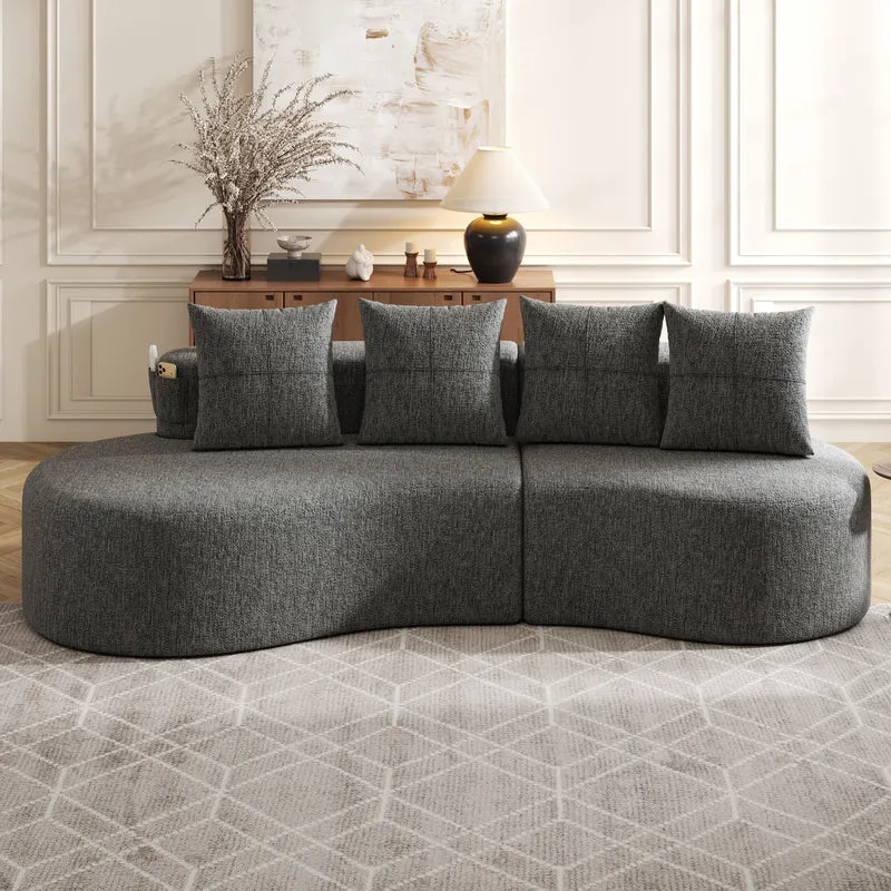 Canapé 3 places en lin gris avec 4 coussins, porte-gobelet, poches latérales sans montage 240x109cm FLAREINFI