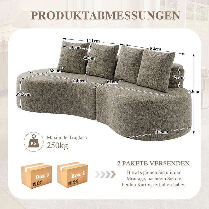 Canapé 3 places en lin khaki avec 4 coussins, porte-gobelet, poches latérales sans montage 240x109cm FLARERIFTA