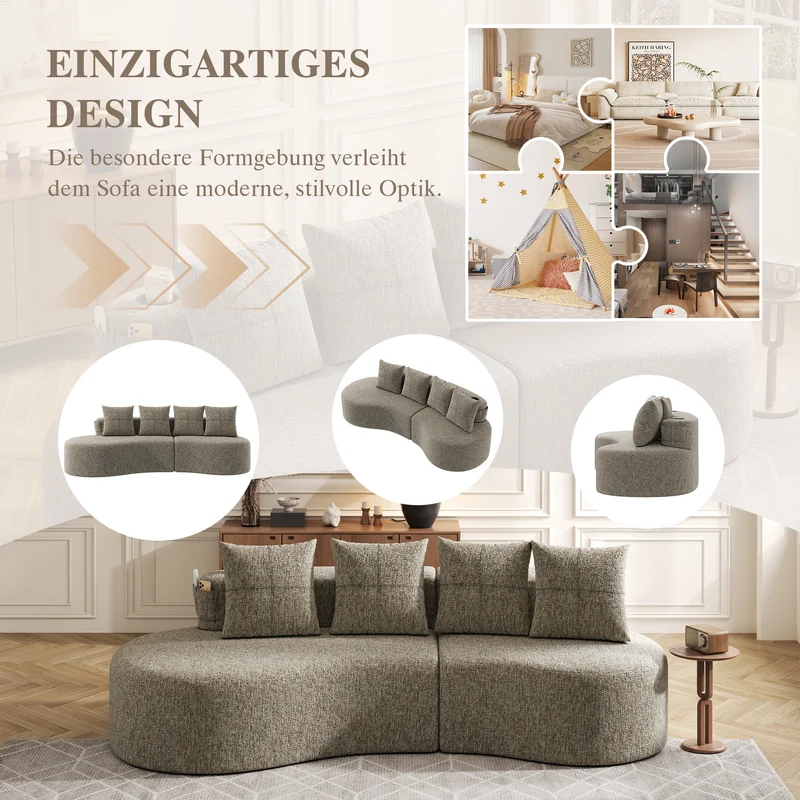 Canapé 3 places en lin khaki avec 4 coussins, porte-gobelet, poches latérales sans montage 240x109cm FLARERIFTA