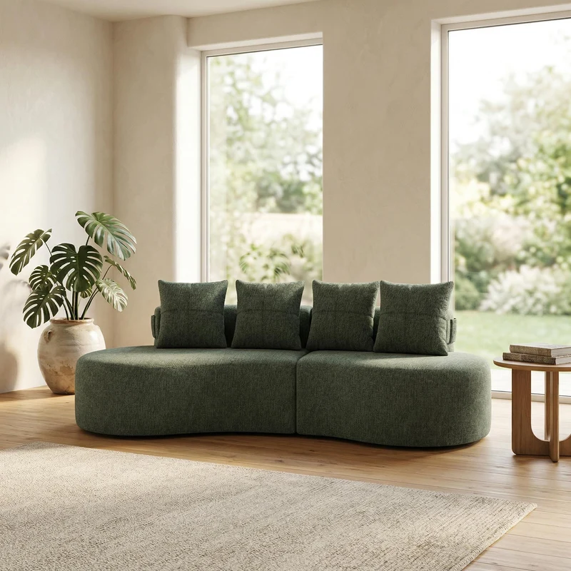 Canapé 3 places en lin vert avec 4 coussins, porte-gobelet, poches latérales sans montage 240x109cm FLAREQUASI