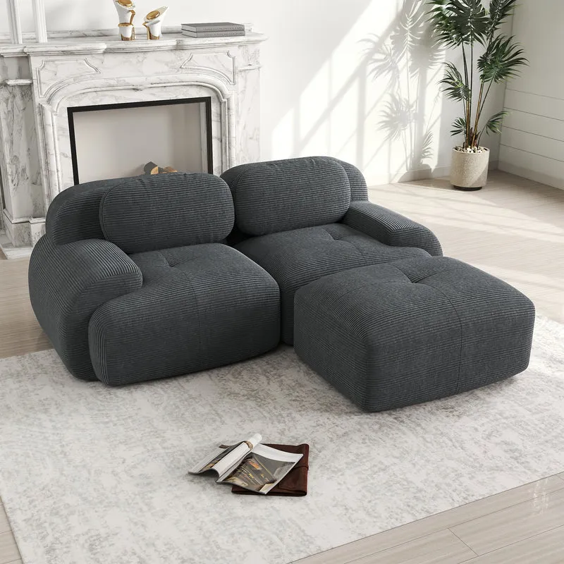 Canapé d'angle modulable en velours côtelé gris avec méridienne et accoudoirs courbés, sans montage FLARECLAR