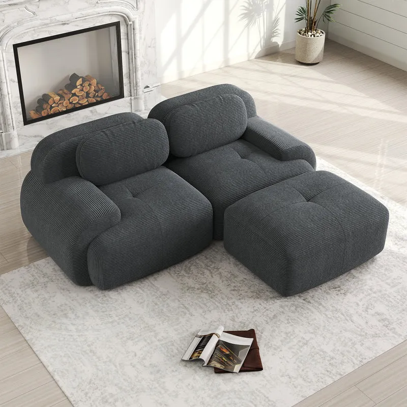 Canapé d'angle modulable en velours côtelé gris avec méridienne et accoudoirs courbés, sans montage FLARECLAR
