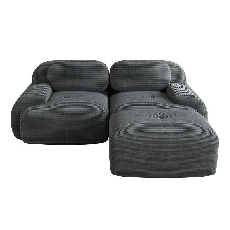 Canapé d'angle modulable en velours côtelé gris avec méridienne et accoudoirs courbés, sans montage FLARECLAR