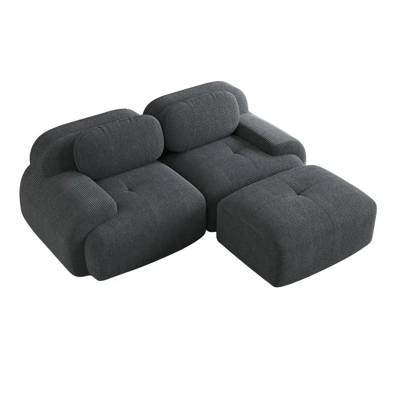 Canapé d'angle modulable en velours côtelé gris avec méridienne et accoudoirs courbés, sans montage FLARECLAR