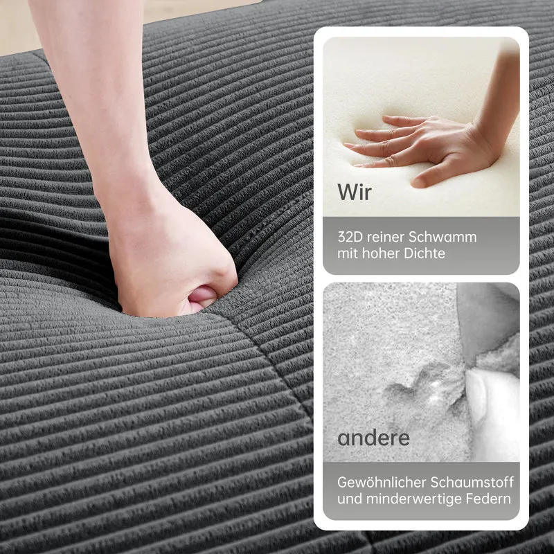 Canapé d'angle modulable en velours côtelé gris avec méridienne et accoudoirs courbés, sans montage FLARECLAR