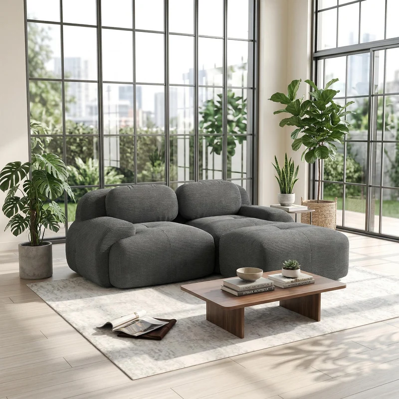 Canapé d'angle modulable en velours côtelé gris avec méridienne et accoudoirs courbés, sans montage FLARECLAR