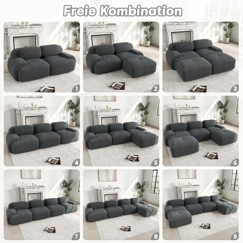 Canapé 3 places modulable en velours côtelé gris et accoudoirs courbés, sans montage FLARECASCD
