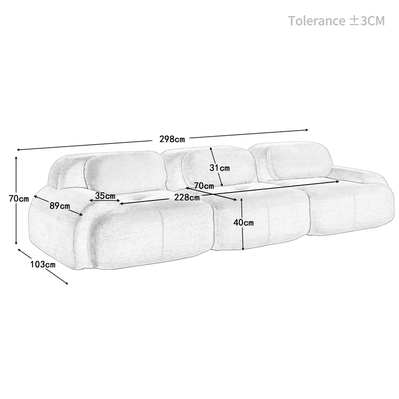 Canapé 3 places modulable en velours côtelé gris et accoudoirs courbés, sans montage FLARECASCD