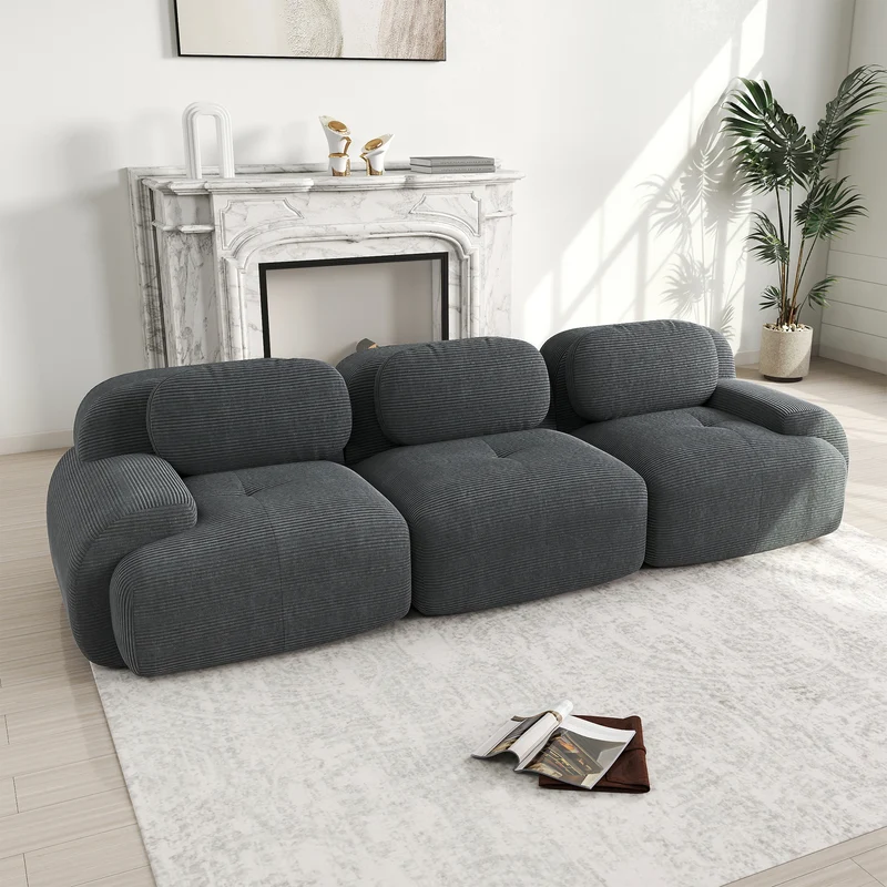 Canapé 3 places modulable en velours côtelé gris et accoudoirs courbés, sans montage FLARECASCD