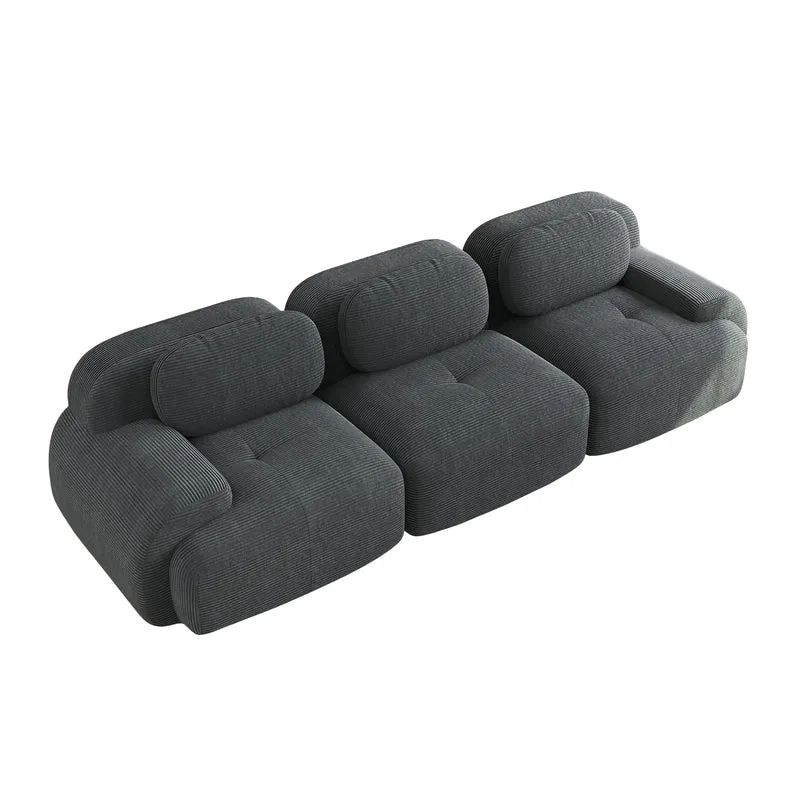 Canapé 3 places modulable en velours côtelé gris et accoudoirs courbés, sans montage FLARECASCD