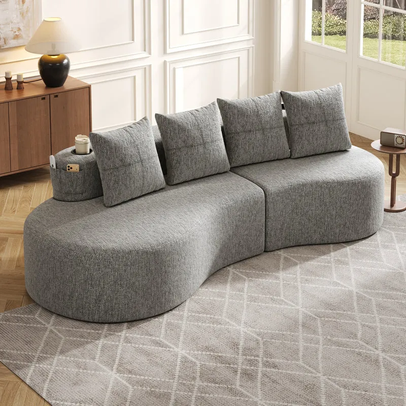 Canapé 3 places en lin gris clair avec 4 coussins, porte-gobelet, poches latérales sans montage 240x109cm FLAREVERTE
