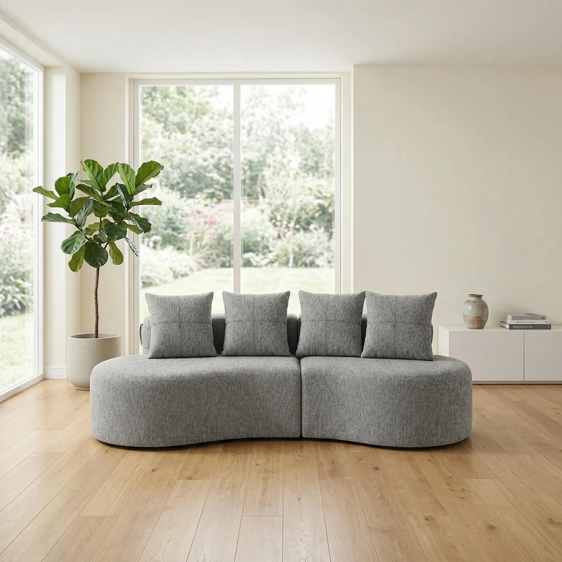 Canapé 3 places en lin gris clair avec 4 coussins, porte-gobelet, poches latérales sans montage 240x109cm FLAREVERTE