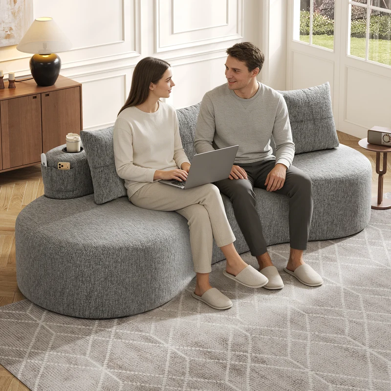 Canapé 3 places en lin gris clair avec 4 coussins, porte-gobelet, poches latérales sans montage 240x109cm FLAREVERTE