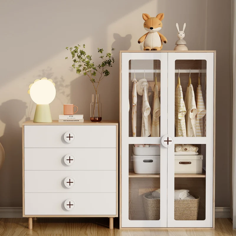 Ensemble de armoire portes vitrées + commode 4 tiroirs bicolores BOMBYX