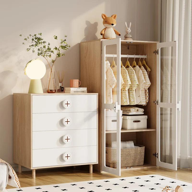 Ensemble de armoire portes vitrées + commode 4 tiroirs bicolores BOMBYX