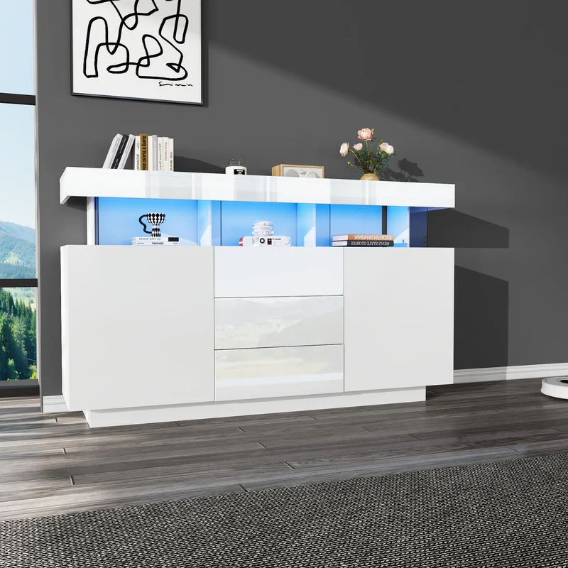 Buffet blanc brillant avec éclairage LED 2 portes 3 tiroirs REZER