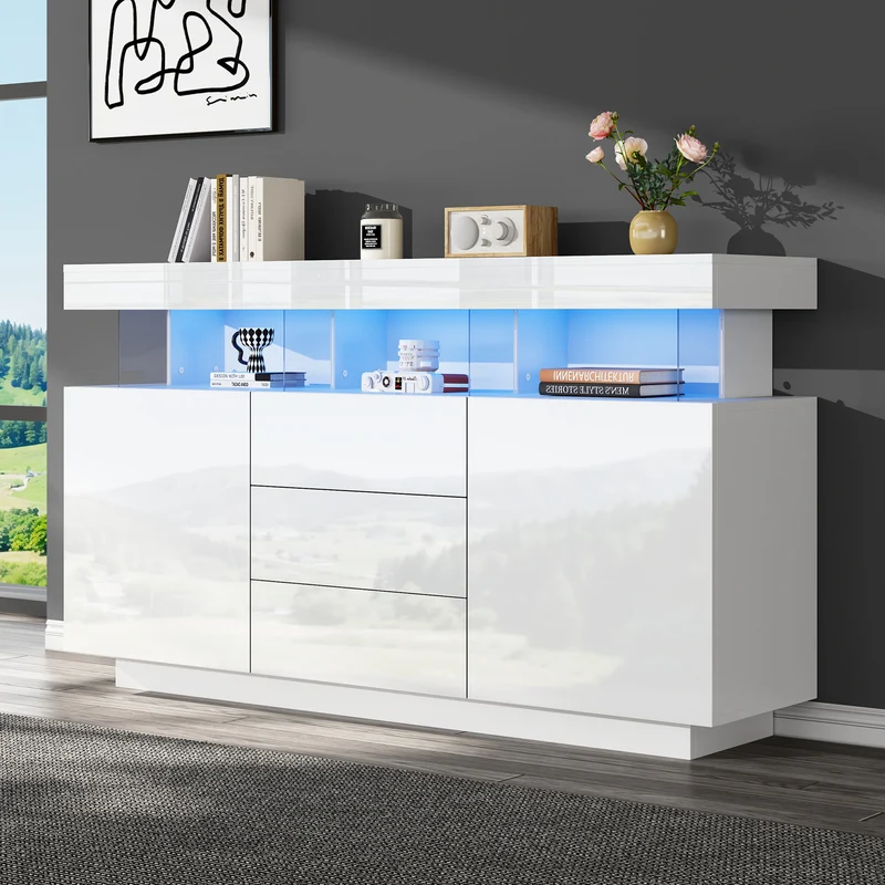 Buffet blanc brillant avec éclairage LED 2 portes 3 tiroirs REZER
