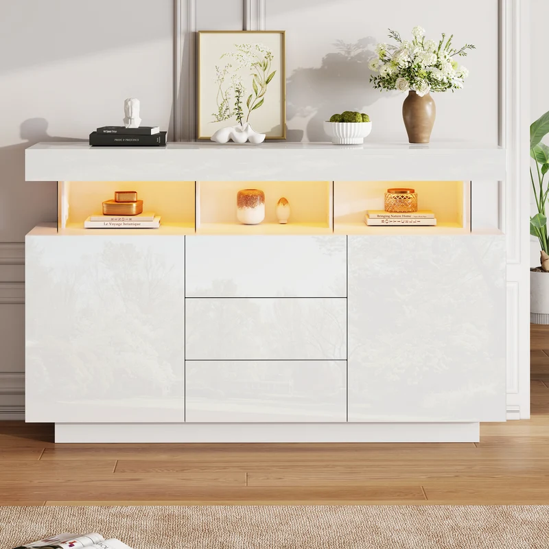 Buffet blanc brillant avec éclairage LED 2 portes 3 tiroirs REZER