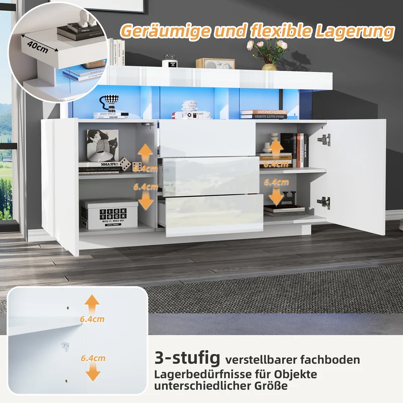 Buffet blanc brillant avec éclairage LED 2 portes 3 tiroirs REZER