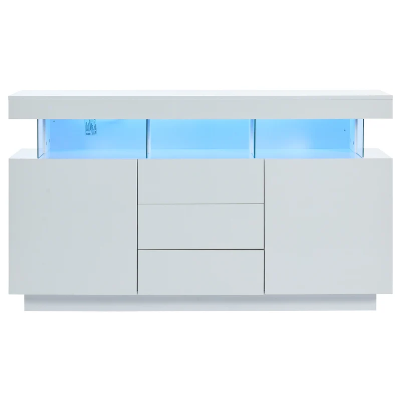 Buffet blanc brillant avec éclairage LED 2 portes 3 tiroirs REZER