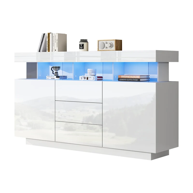 Buffet blanc brillant avec éclairage LED 2 portes 3 tiroirs REZER