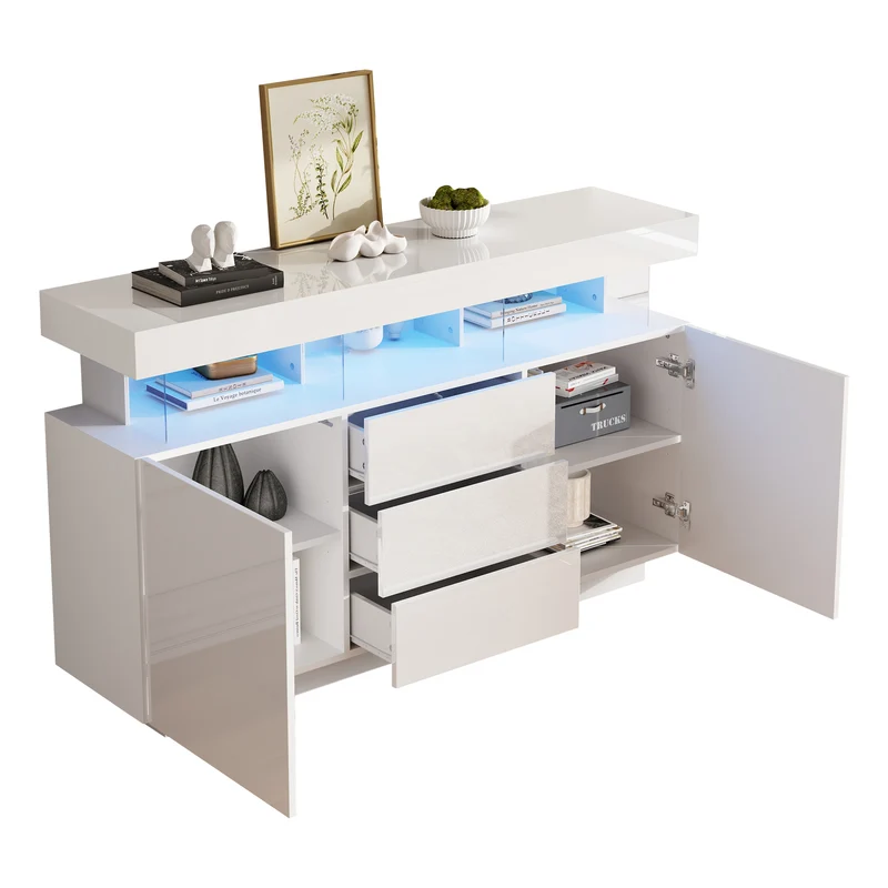 Buffet blanc brillant avec éclairage LED 2 portes 3 tiroirs REZER