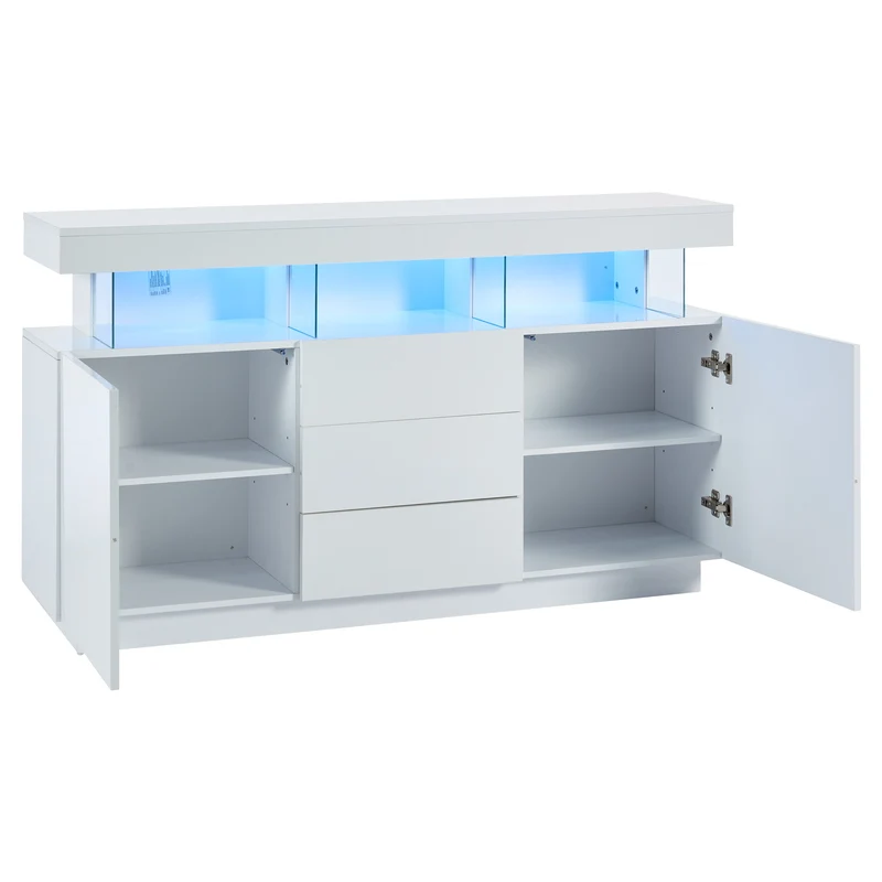 Buffet blanc brillant avec éclairage LED 2 portes 3 tiroirs REZER