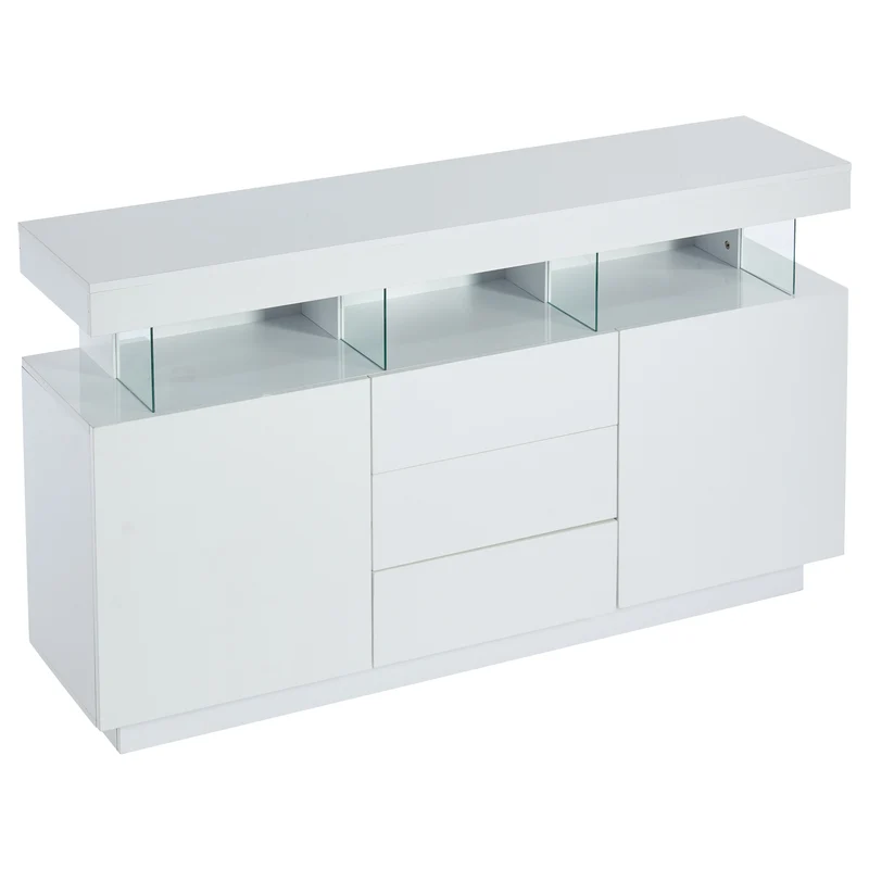 Buffet blanc brillant avec éclairage LED 2 portes 3 tiroirs REZER