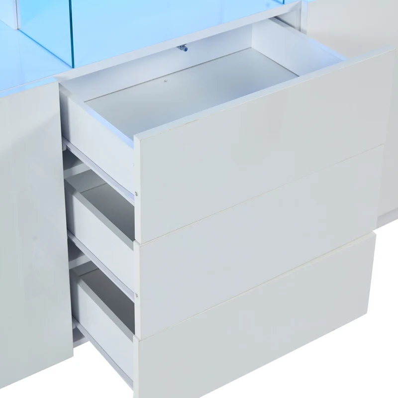 Buffet blanc brillant avec éclairage LED 2 portes 3 tiroirs REZER