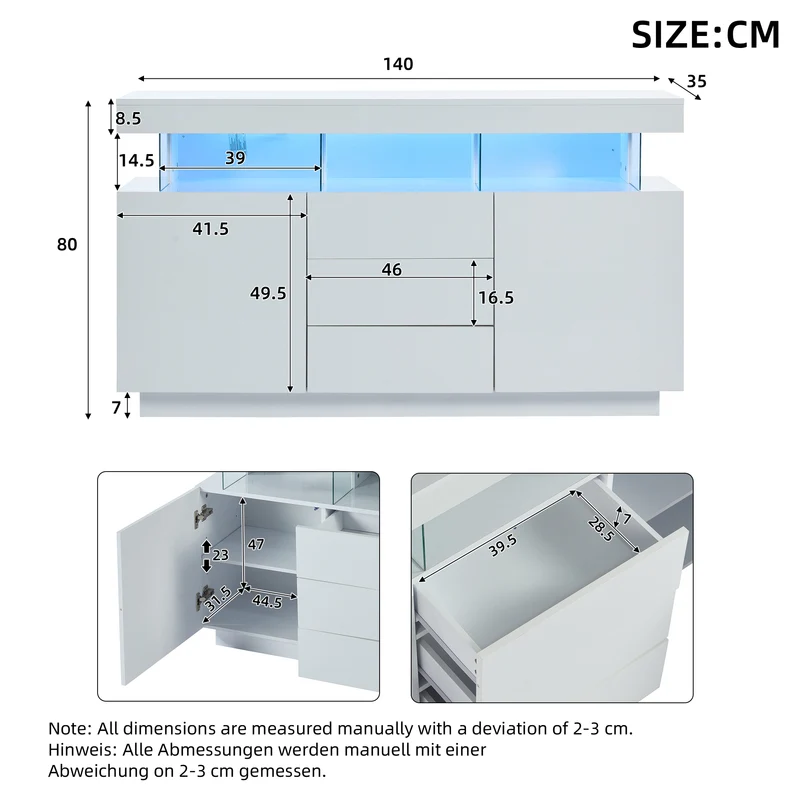 Buffet blanc brillant avec éclairage LED 2 portes 3 tiroirs REZER