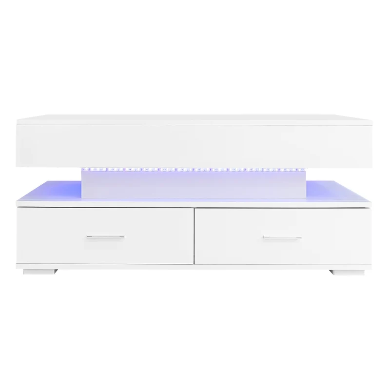 Table basse blanche plateau relevable à hauteur réglable 2 tiroirs et espace de rangement ouvert avec éclairage LED 100*50*44 cm ZAKS WHITE