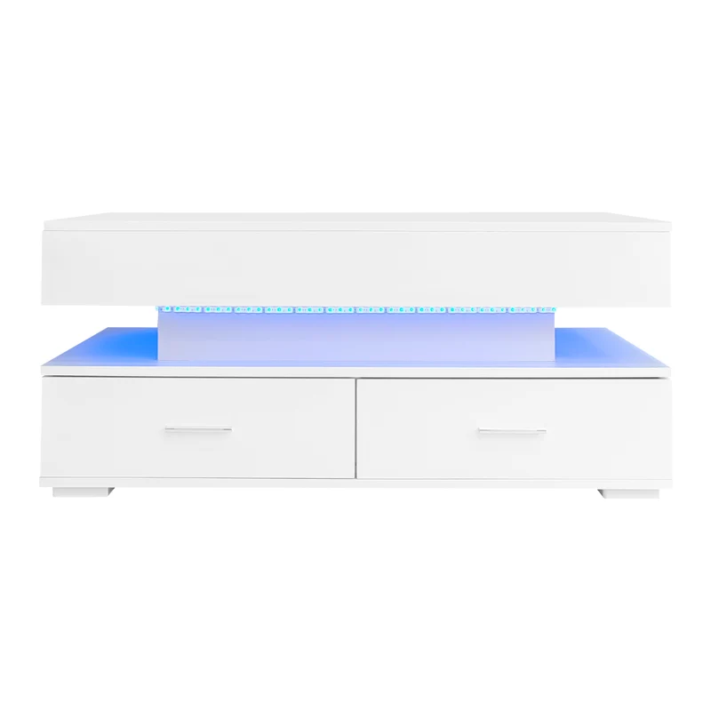 Table basse blanche plateau relevable à hauteur réglable 2 tiroirs et espace de rangement ouvert avec éclairage LED 100*50*44 cm ZAKS WHITE