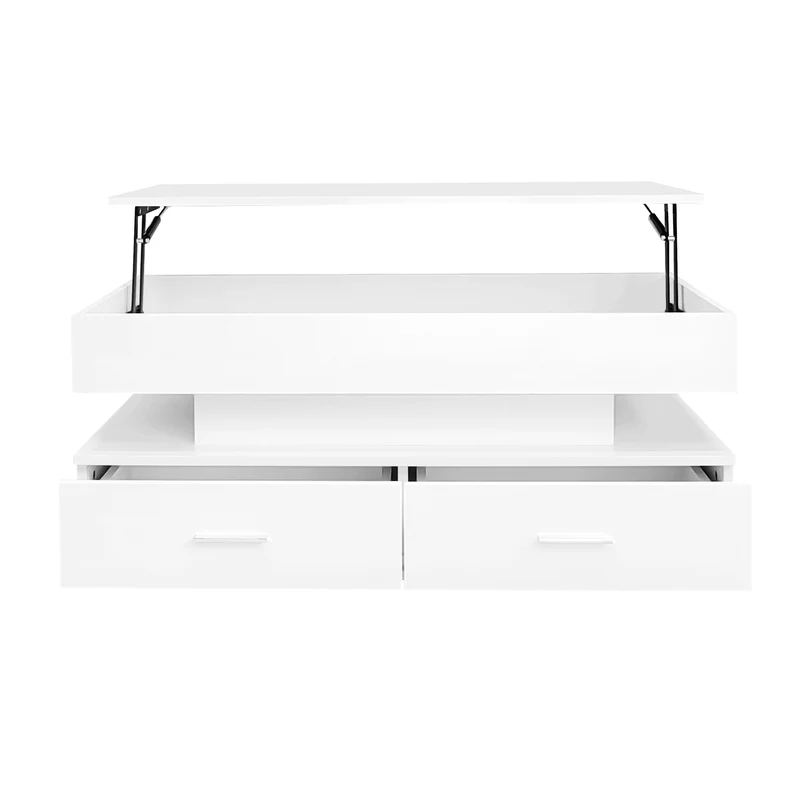 Table basse blanche plateau relevable à hauteur réglable 2 tiroirs et espace de rangement ouvert avec éclairage LED 100*50*44 cm ZAKS WHITE