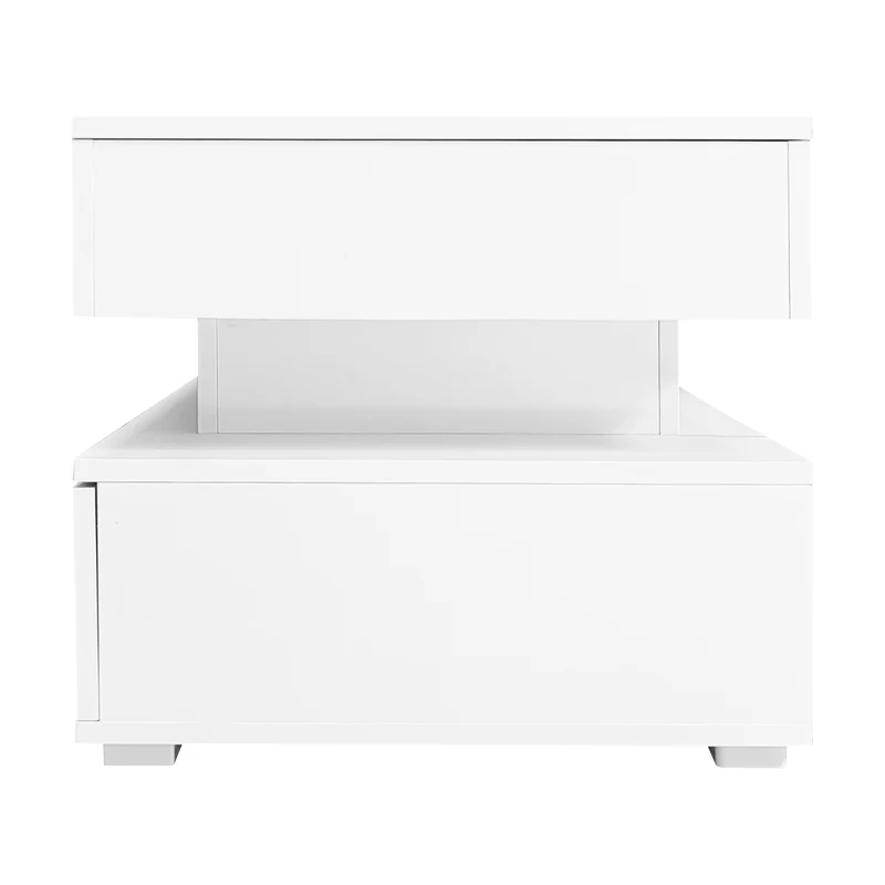 Table basse blanche plateau relevable à hauteur réglable 2 tiroirs et espace de rangement ouvert avec éclairage LED 100*50*44 cm ZAKS WHITE