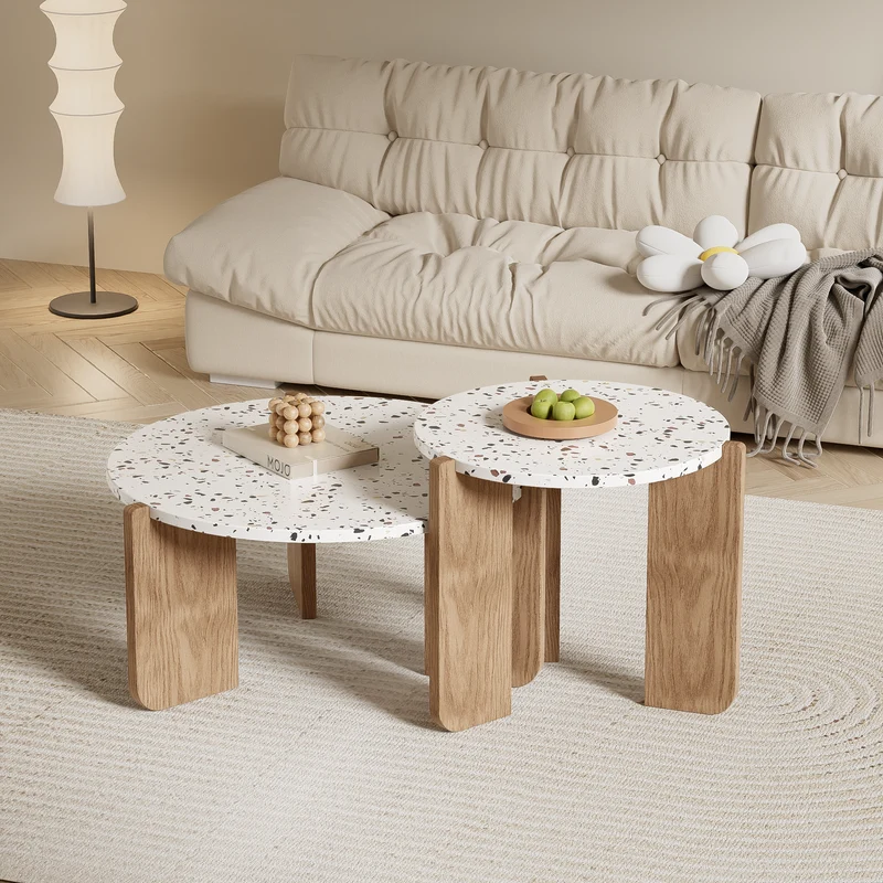 Ensemble de 2 tables basses gigognes blanches rondes pieds bois QEGZA WOOD
