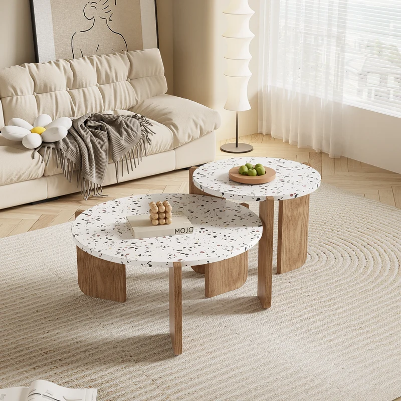 Ensemble de 2 tables basses gigognes blanches rondes pieds bois QEGZA WOOD
